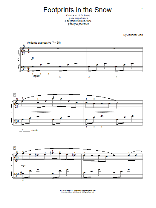 Download Jennifer Linn Footprints In The Snow Sheet Music and learn how to play Easy Piano PDF digital score in minutes