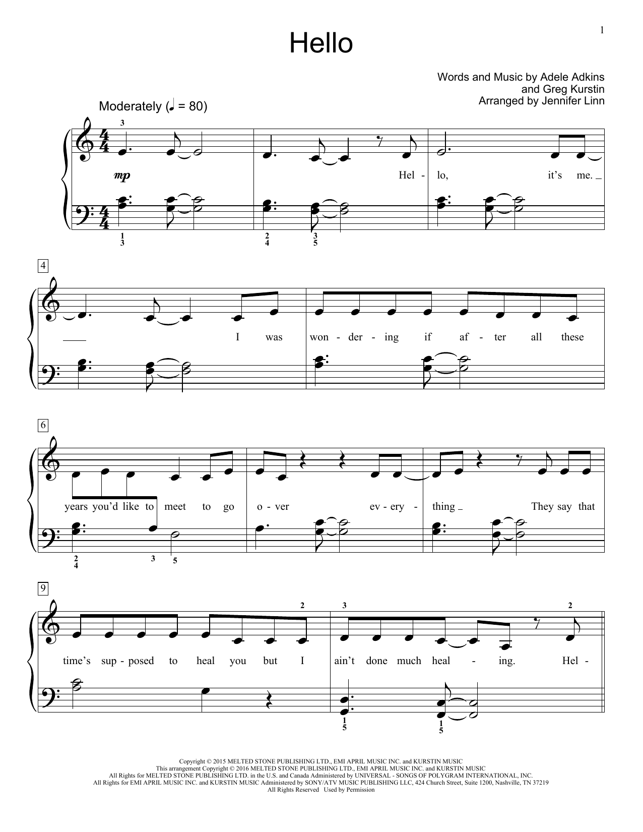 Download Jennifer Linn Hello Sheet Music and learn how to play Easy Piano PDF digital score in minutes