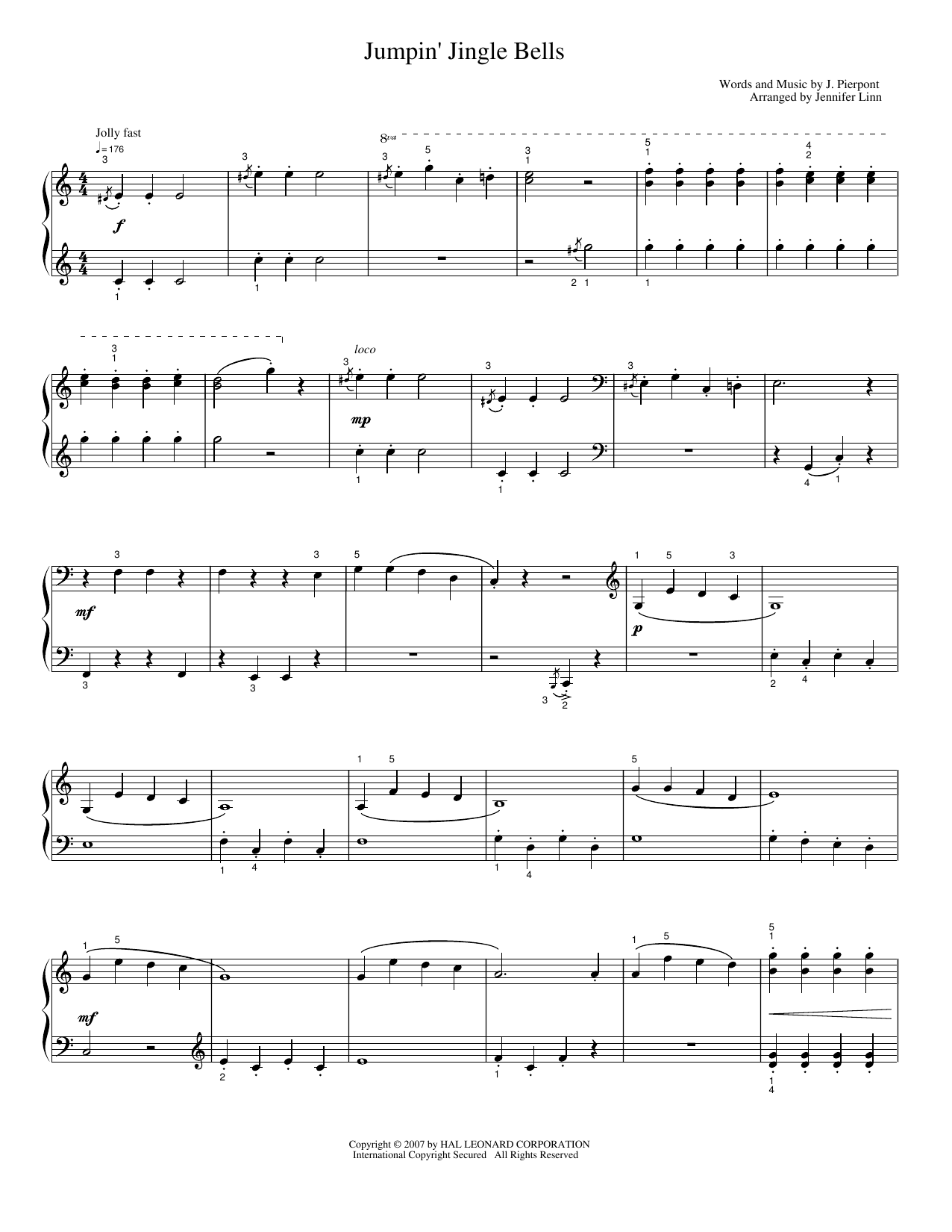 Download Jennifer Linn Jumpin' Jingle Bells Sheet Music and learn how to play Piano Solo PDF digital score in minutes