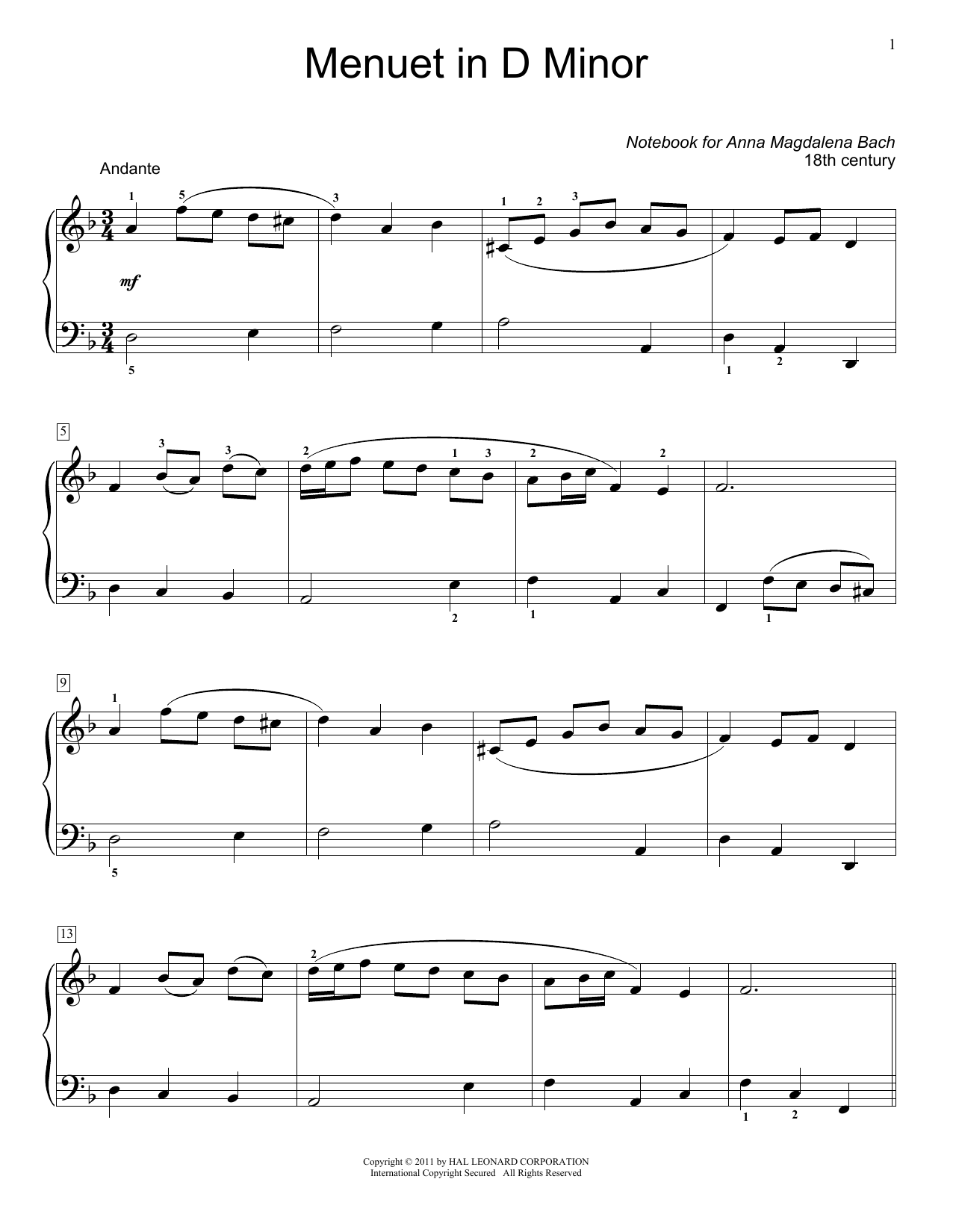 Download Jennifer Linn Menuet In D Minor, BWV App. 132 Sheet Music and learn how to play Easy Piano PDF digital score in minutes