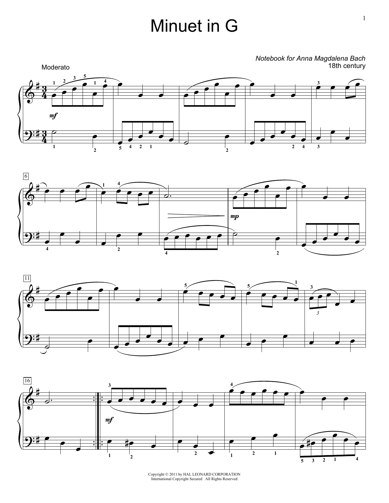 Download Jennifer Linn Menuet In G Major, BWV App. 116 Sheet Music and learn how to play Easy Piano PDF digital score in minutes