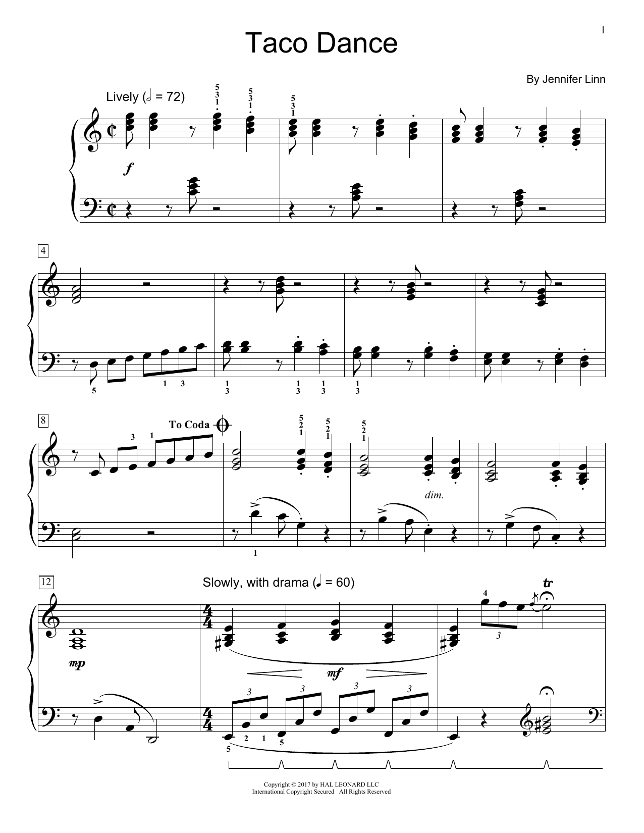 Download Jennifer Linn Taco Dance Sheet Music and learn how to play Educational Piano PDF digital score in minutes