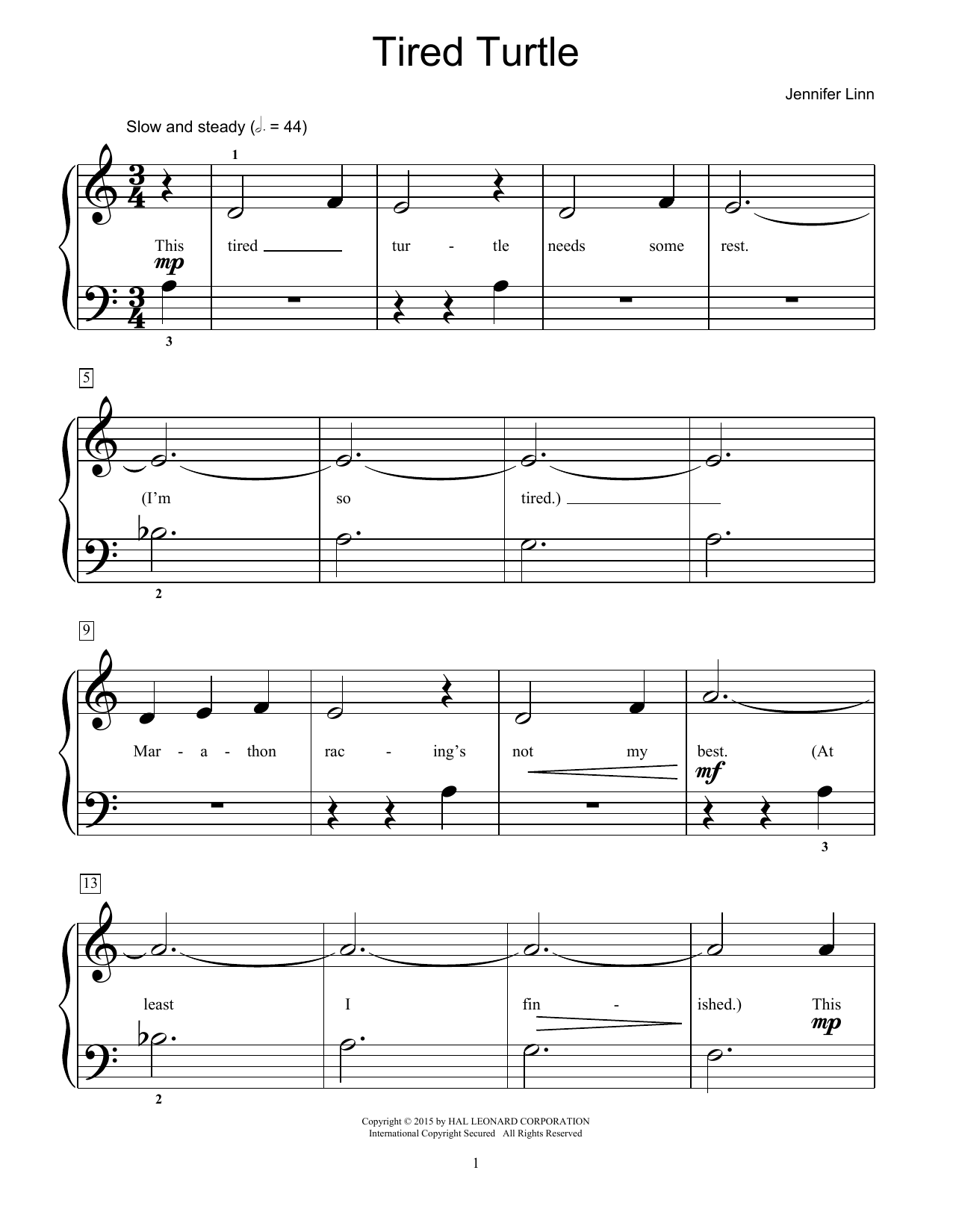 Download Jennifer Linn Tired Turtle Sheet Music and learn how to play Easy Piano PDF digital score in minutes