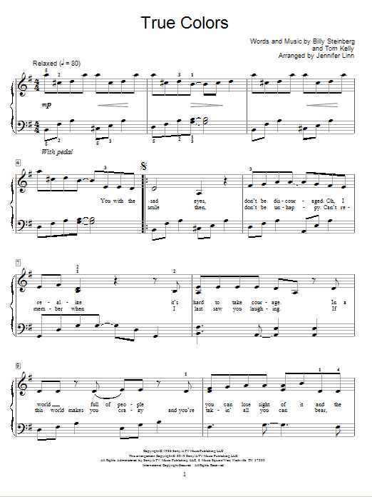 Download Cyndi Lauper True Colors Sheet Music and learn how to play Easy Piano PDF digital score in minutes