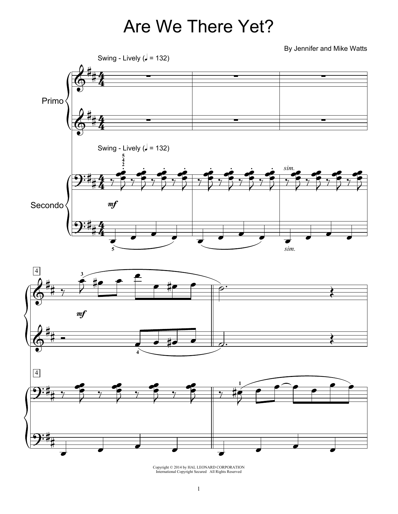 Download Jennifer Watts Are We There Yet? Sheet Music and learn how to play Piano Duet PDF digital score in minutes