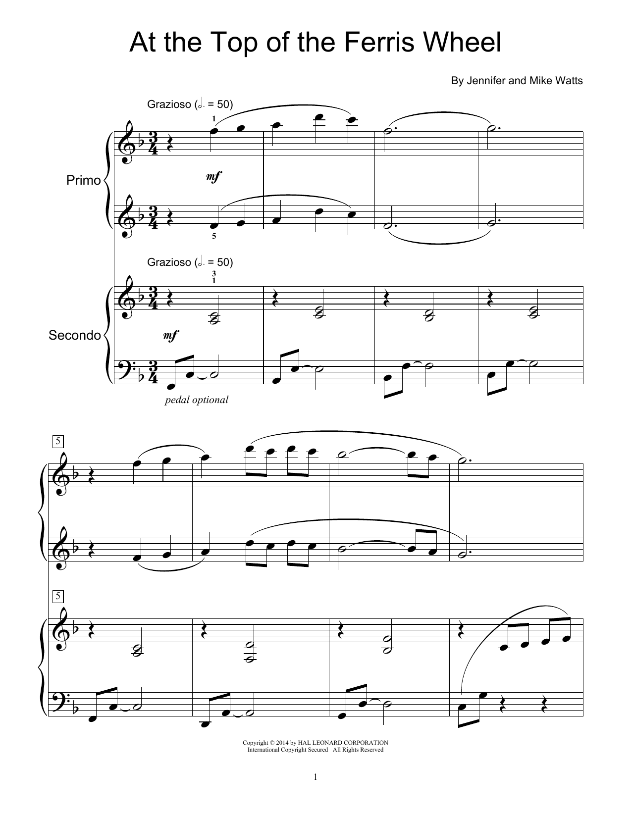 Download Jennifer Watts At The Top Of The Ferris Wheel Sheet Music and learn how to play Piano Duet PDF digital score in minutes