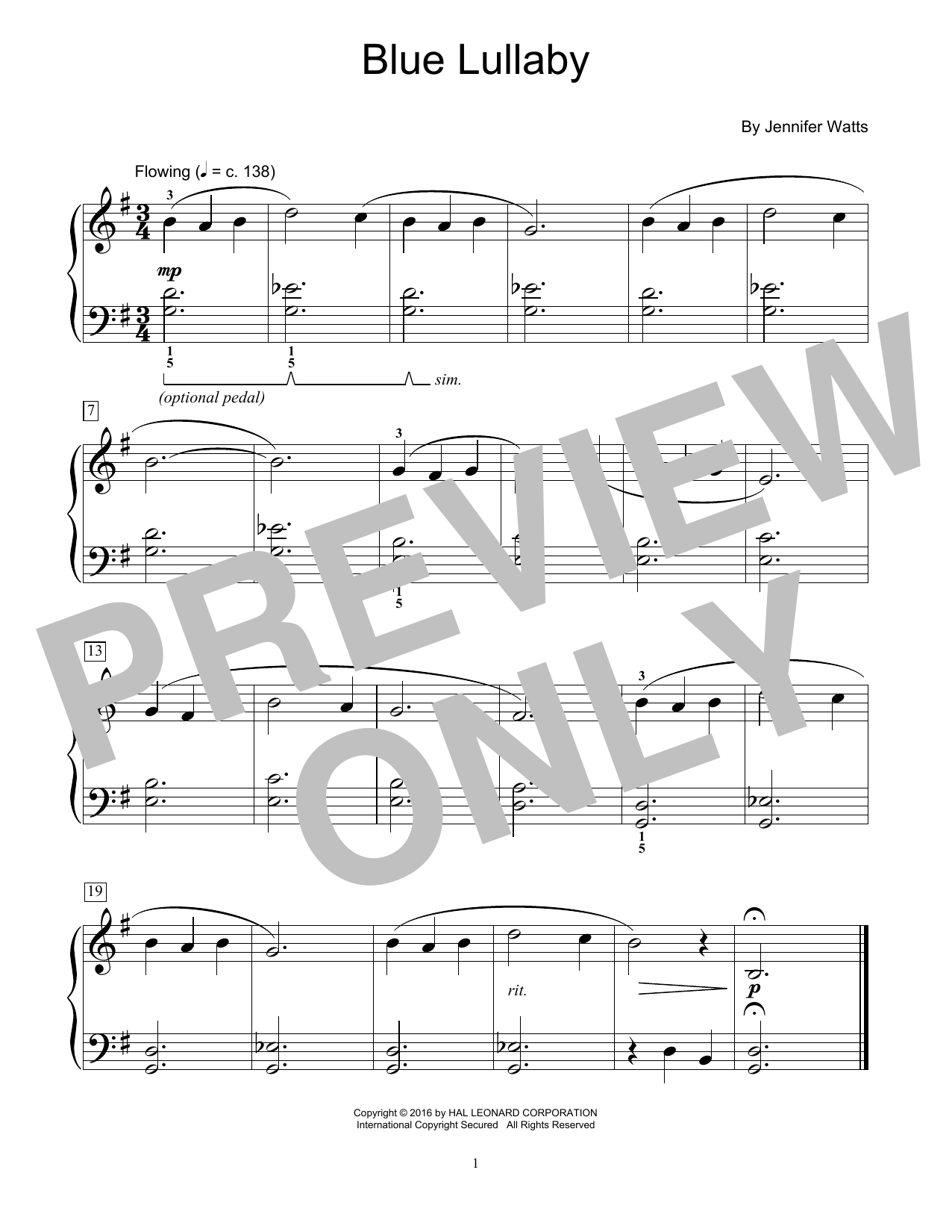 Download Jennifer Watts Blue Lullaby Sheet Music and learn how to play Easy Piano PDF digital score in minutes