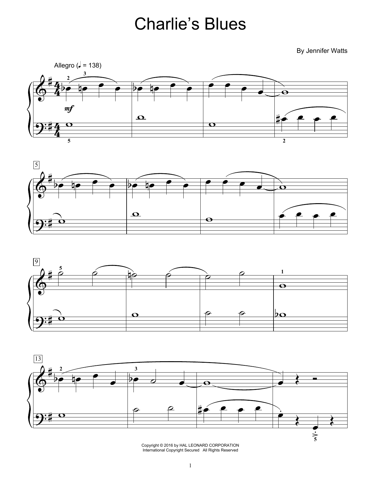 Download Jennifer Watts Charlie's Blues Sheet Music and learn how to play Easy Piano PDF digital score in minutes