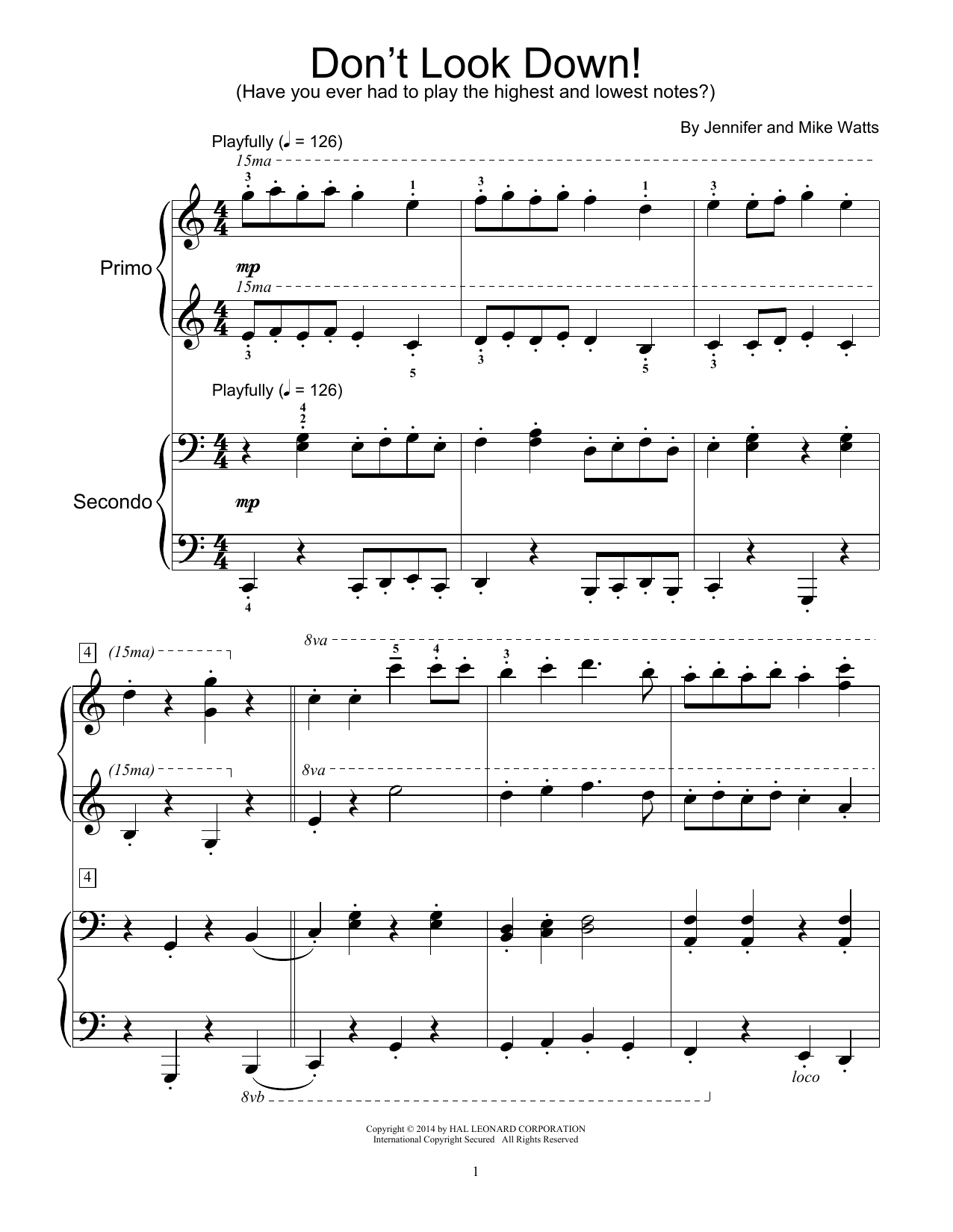 Download Jennifer Watts Don't Look Down! Sheet Music and learn how to play Piano Duet PDF digital score in minutes