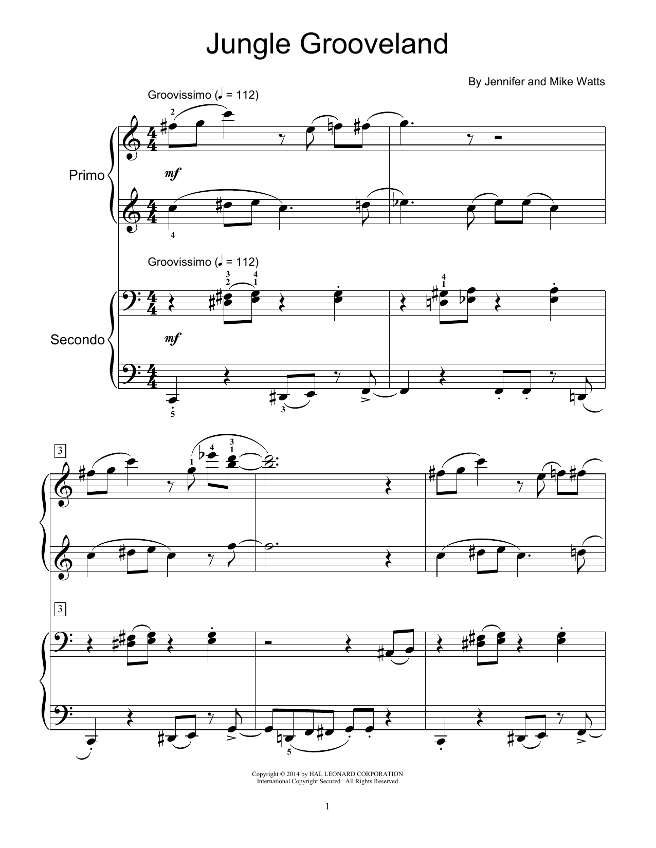 Download Jennifer Watts Jungle Grooveland Sheet Music and learn how to play Piano Duet PDF digital score in minutes