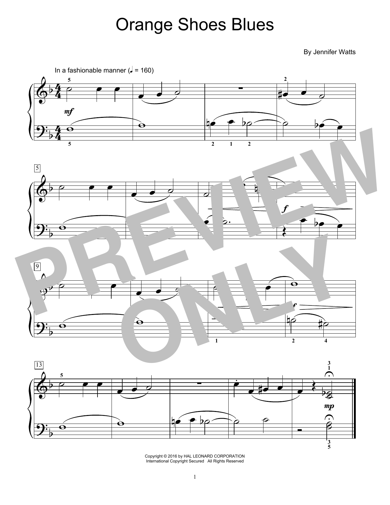 Download Jennifer Watts Orange Shoes Blues Sheet Music and learn how to play Easy Piano PDF digital score in minutes
