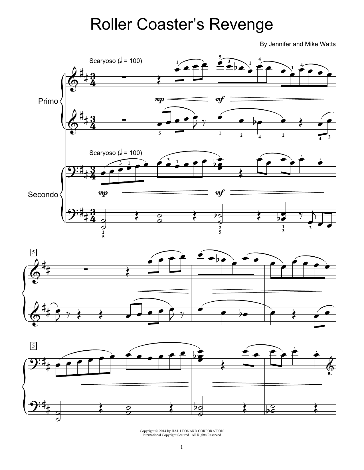Download Jennifer Watts Roller Coaster's Revenge Sheet Music and learn how to play Piano Duet PDF digital score in minutes