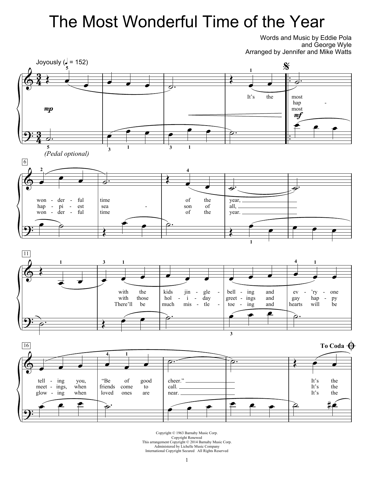 Download Jennifer Watts The Most Wonderful Time Of The Year Sheet Music and learn how to play Easy Piano PDF digital score in minutes