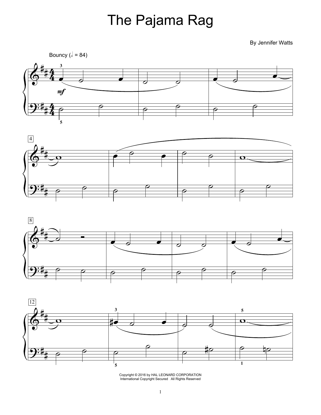 Download Jennifer Watts The Pajama Rag Sheet Music and learn how to play Easy Piano PDF digital score in minutes
