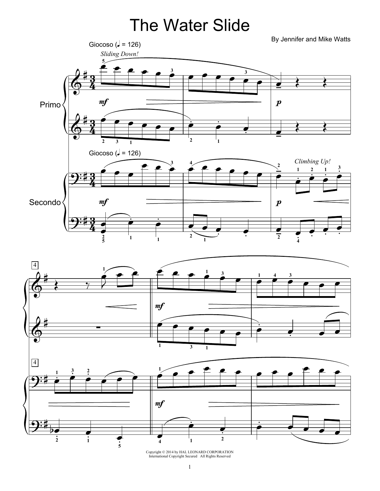 Download Jennifer Watts The Water Slide Sheet Music and learn how to play Piano Duet PDF digital score in minutes