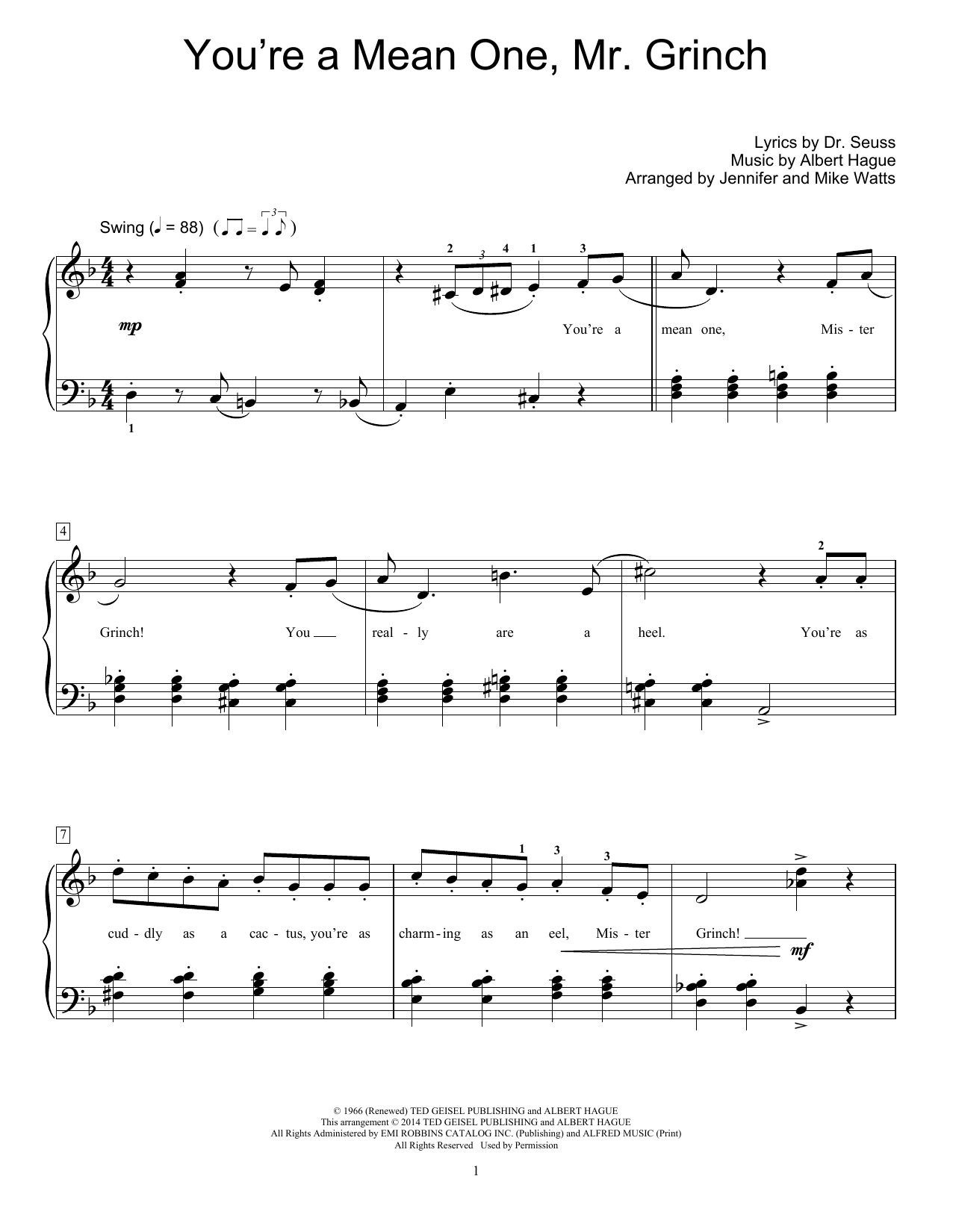 Download Dr. Seuss You're A Mean One, Mr. Grinch Sheet Music and learn how to play Easy Piano PDF digital score in minutes
