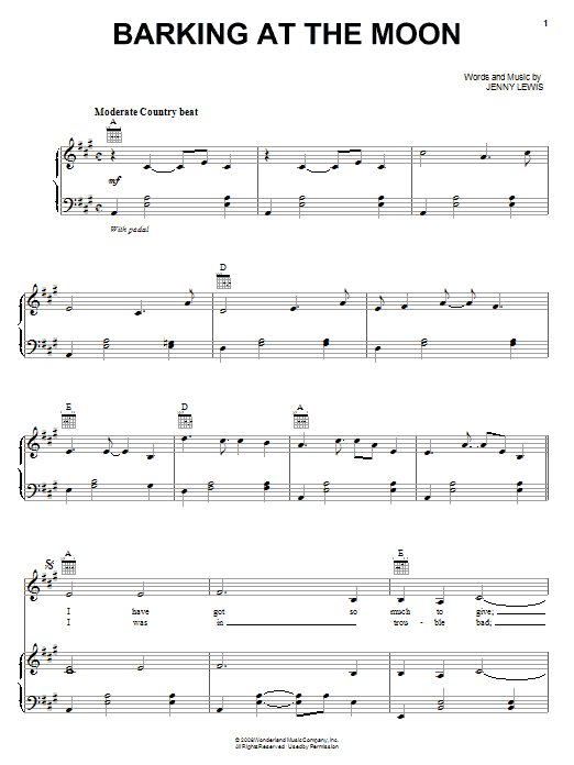 Download Jenny Lewis Barking At The Moon Sheet Music and learn how to play Piano, Vocal & Guitar (Right-Hand Melody) PDF digital score in minutes
