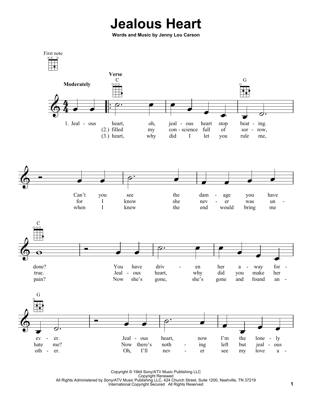 Download Jenny Lou Carson Jealous Heart Sheet Music and learn how to play Real Book – Melody, Lyrics & Chords PDF digital score in minutes