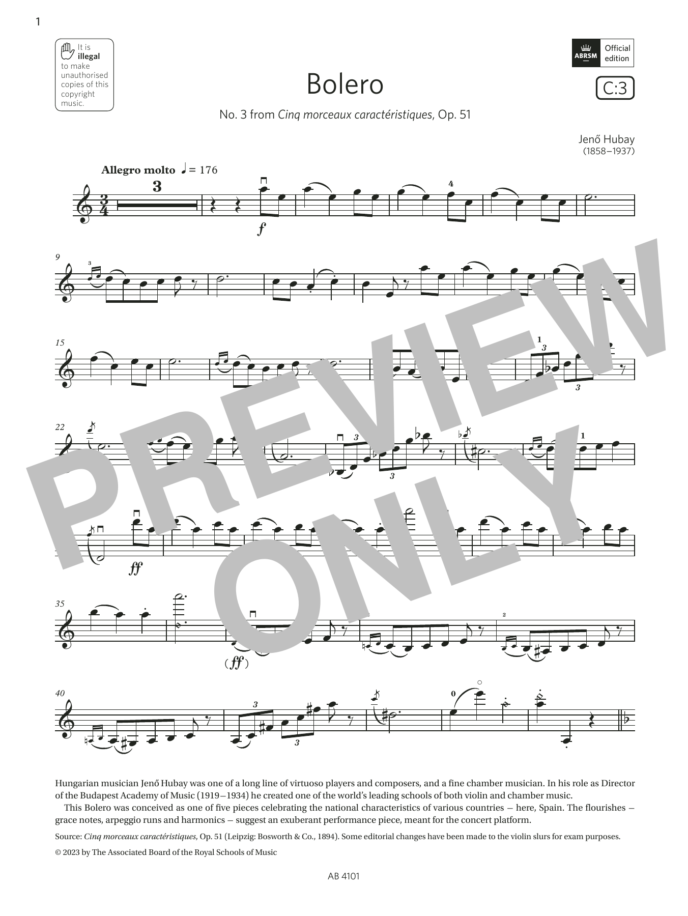 Download Jenő Hubay Bolero (Grade 7, C3, from the ABRSM Violin Syllabus from 2024) Sheet Music and learn how to play Violin Solo PDF digital score in minutes