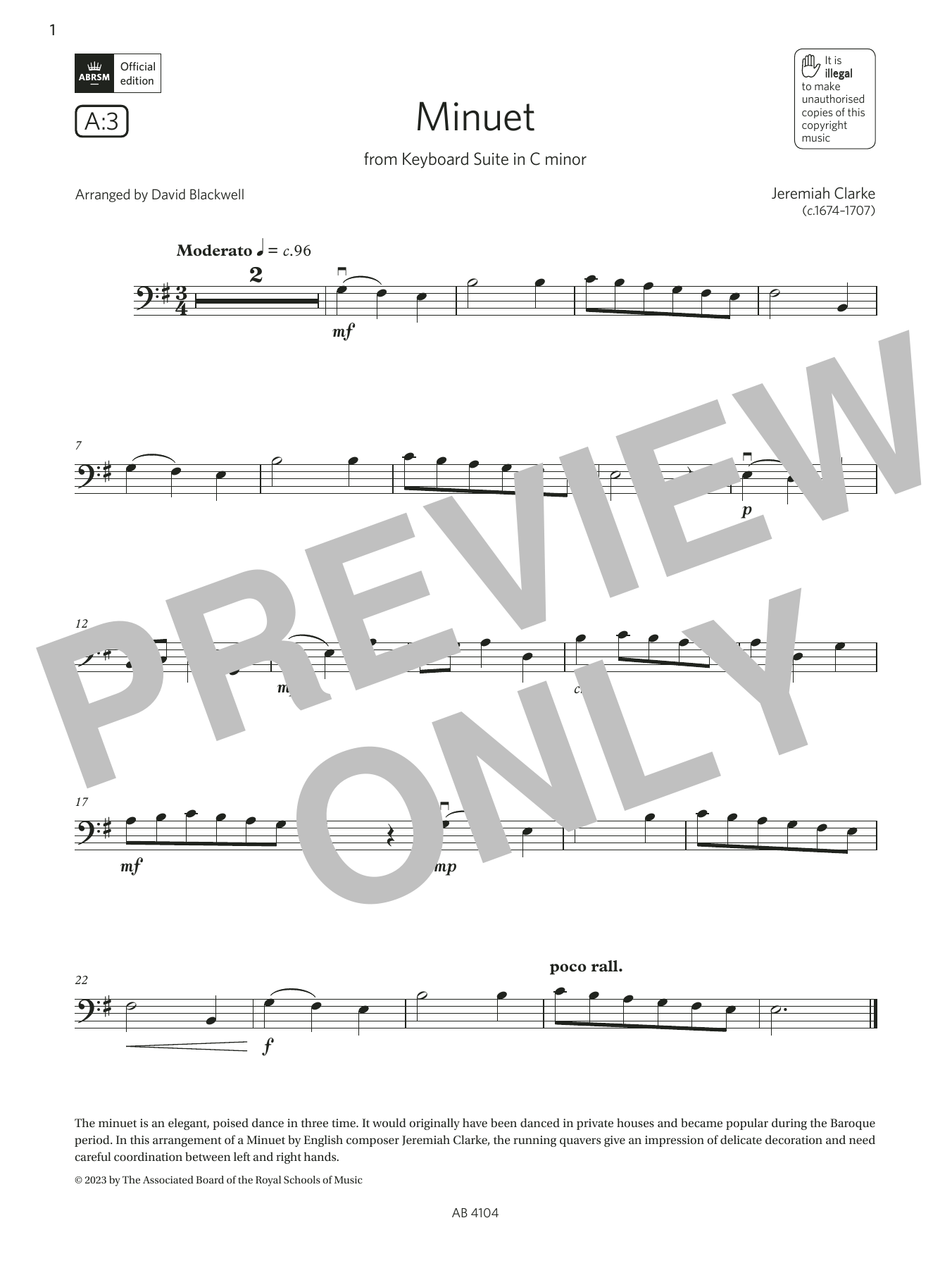 Download Jeremiah Clarke Minuet (Grade 1, A3, from the ABRSM Cello Syllabus from 2024) Sheet Music and learn how to play Cello Solo PDF digital score in minutes
