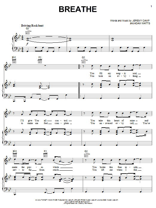Download Jeremy Camp Breathe Sheet Music and learn how to play Piano, Vocal & Guitar (Right-Hand Melody) PDF digital score in minutes