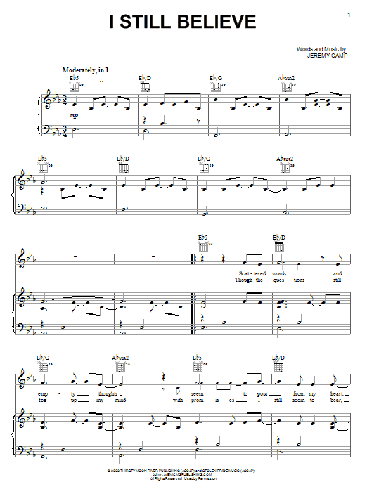 Download Jeremy Camp I Still Believe Sheet Music and learn how to play Melody Line, Lyrics & Chords PDF digital score in minutes