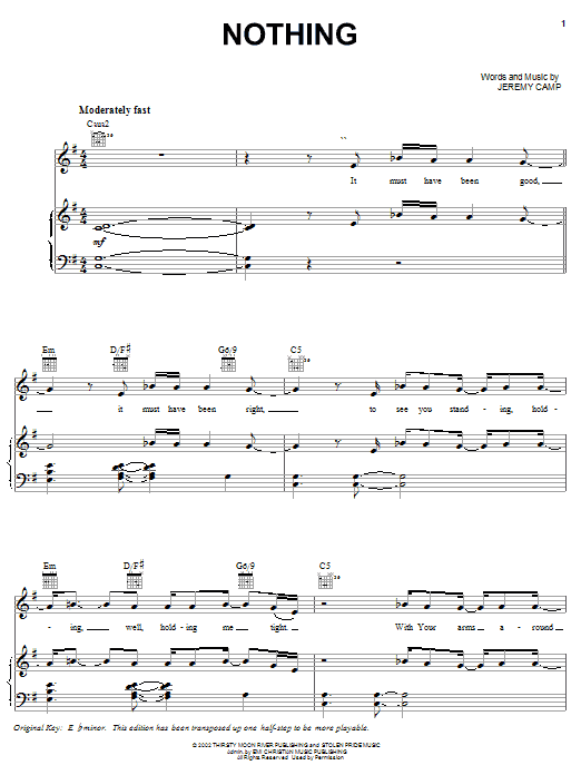 Download Jeremy Camp Nothing Sheet Music and learn how to play Piano, Vocal & Guitar (Right-Hand Melody) PDF digital score in minutes