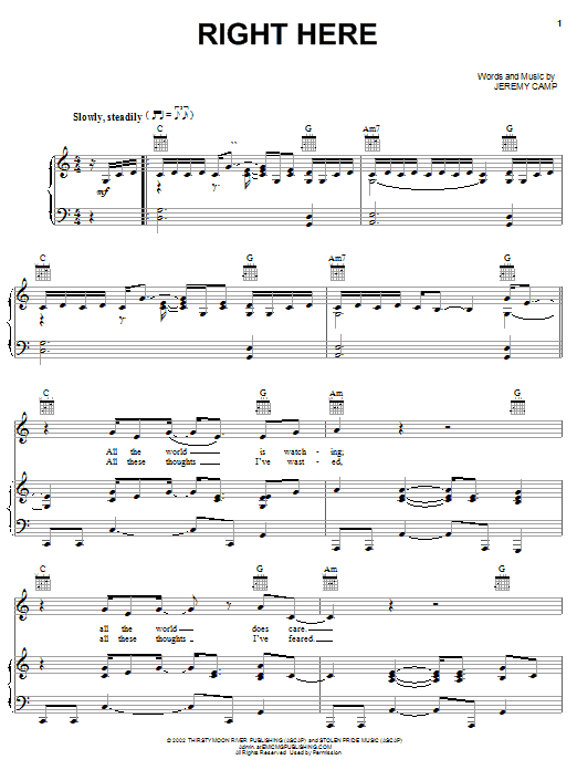 Download Jeremy Camp Right Here Sheet Music and learn how to play Piano, Vocal & Guitar (Right-Hand Melody) PDF digital score in minutes