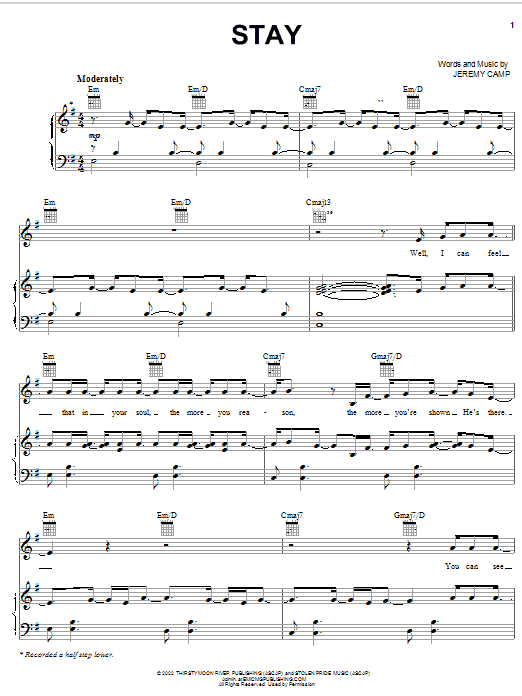 Download Jeremy Camp Stay Sheet Music and learn how to play Piano, Vocal & Guitar (Right-Hand Melody) PDF digital score in minutes
