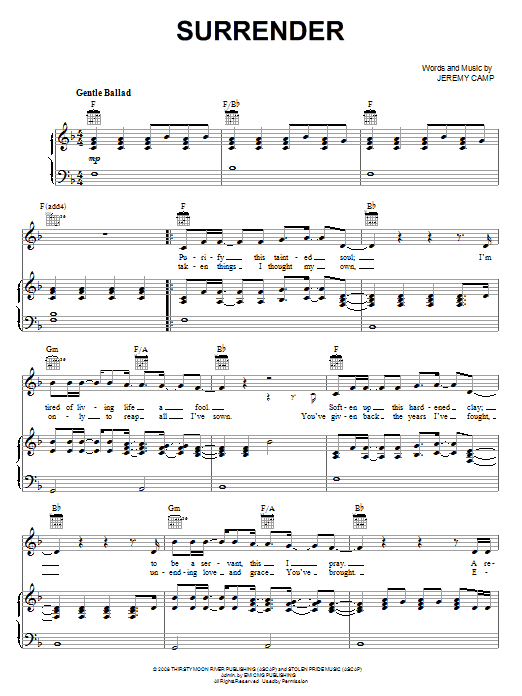 Download Jeremy Camp Surrender Sheet Music and learn how to play Piano, Vocal & Guitar (Right-Hand Melody) PDF digital score in minutes