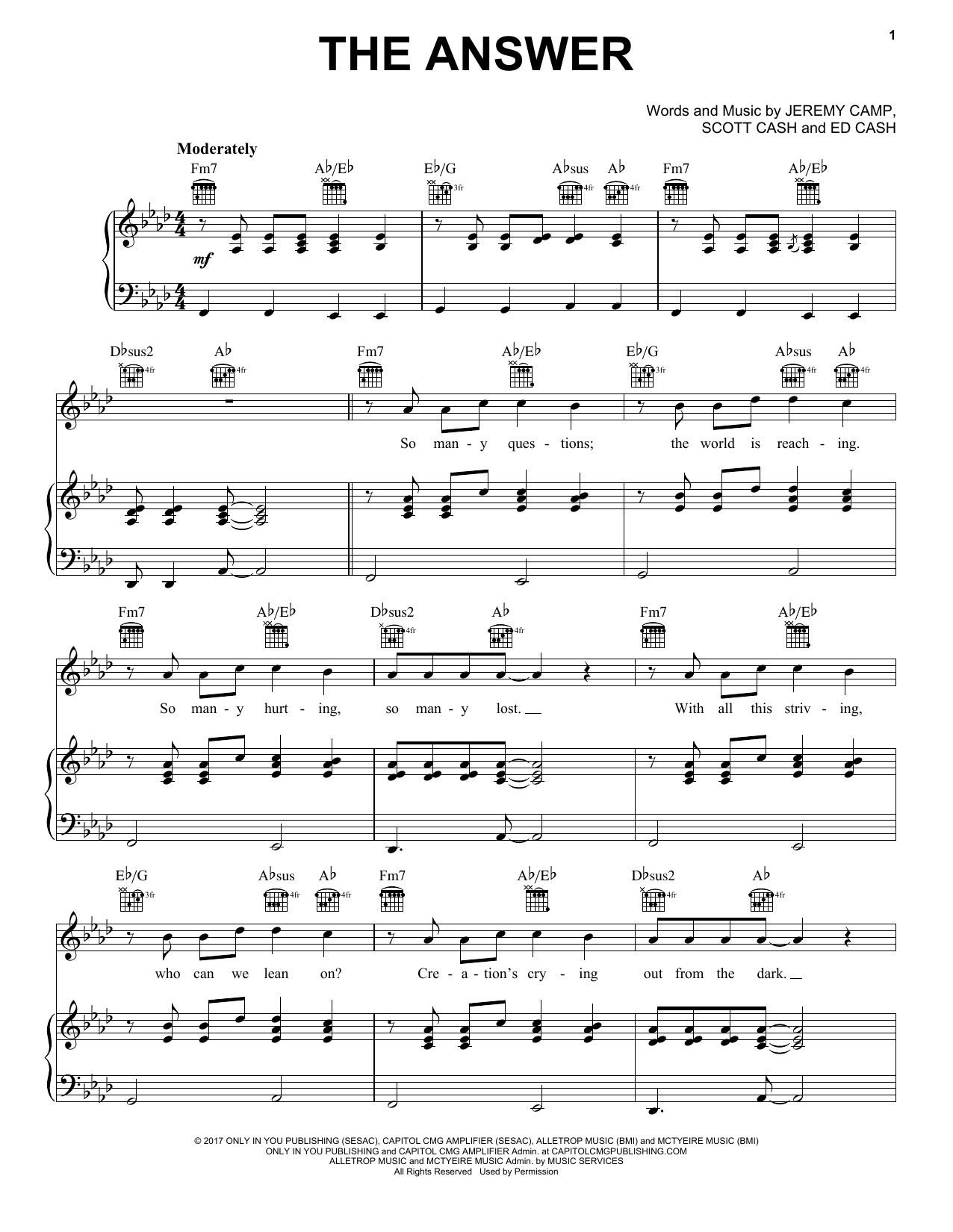 Download Jeremy Camp The Answer Sheet Music and learn how to play Piano, Vocal & Guitar (Right-Hand Melody) PDF digital score in minutes