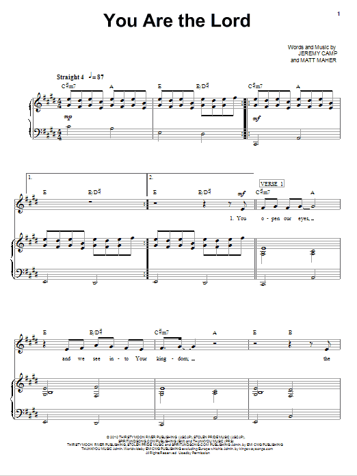 Download Jeremy Camp You Are The Lord Sheet Music and learn how to play Piano, Vocal & Guitar (Right-Hand Melody) PDF digital score in minutes