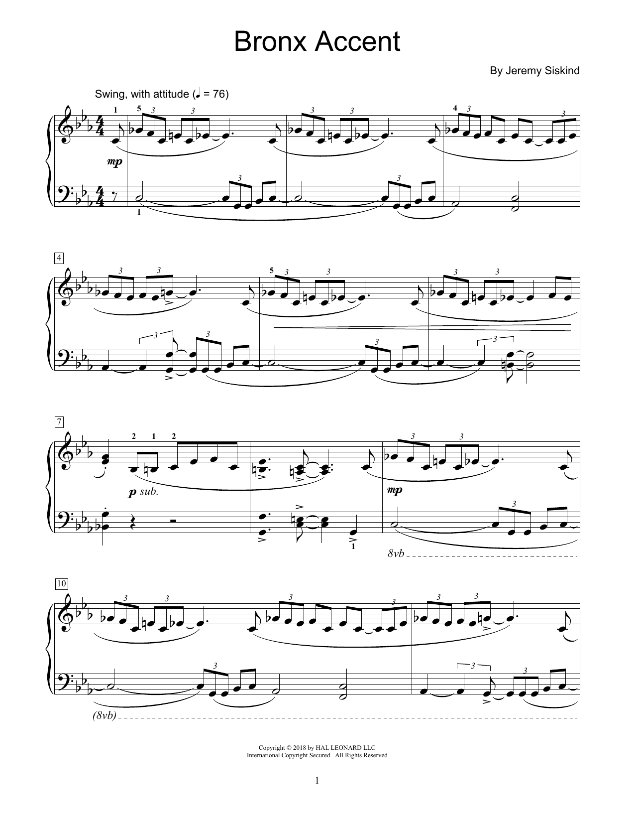 Download Jeremy Siskind Bronx Accent Sheet Music and learn how to play Educational Piano PDF digital score in minutes