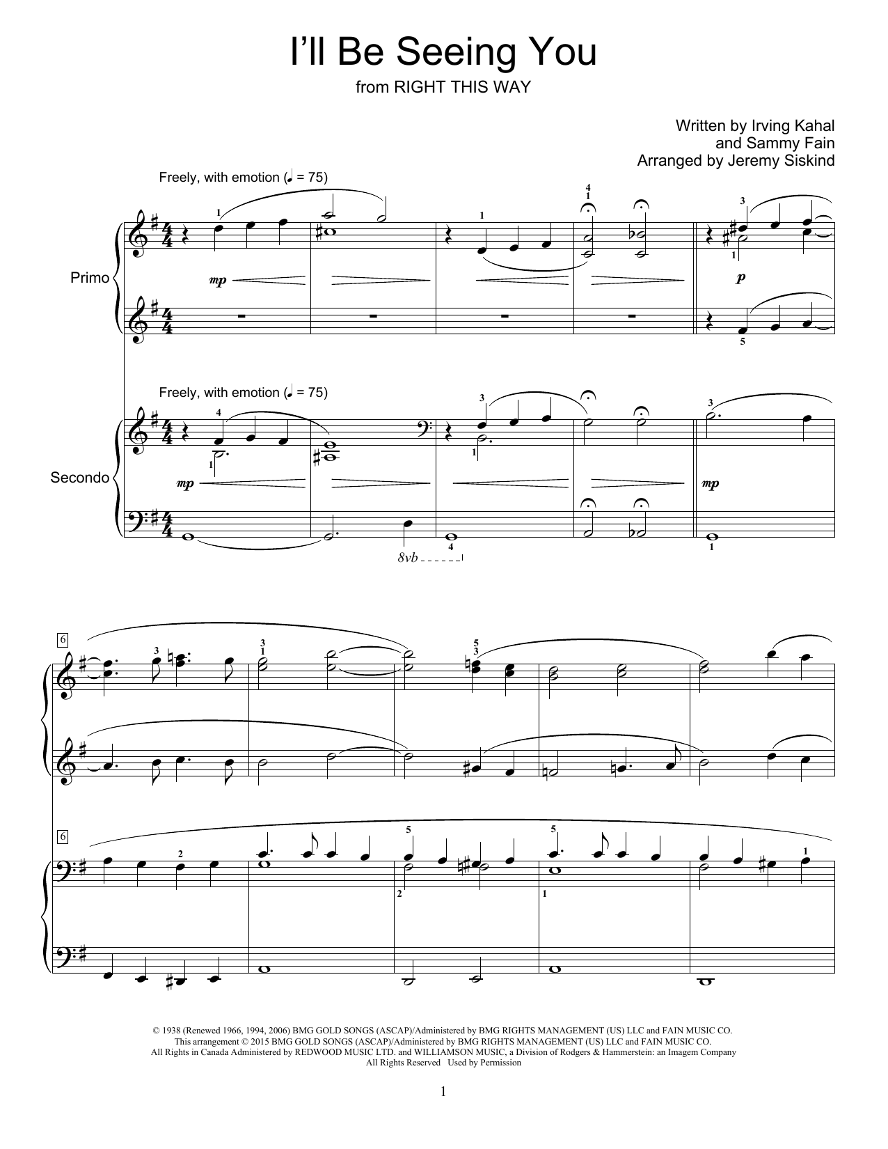 Download Jeremy Siskind I'll Be Seeing You Sheet Music and learn how to play Piano Duet PDF digital score in minutes