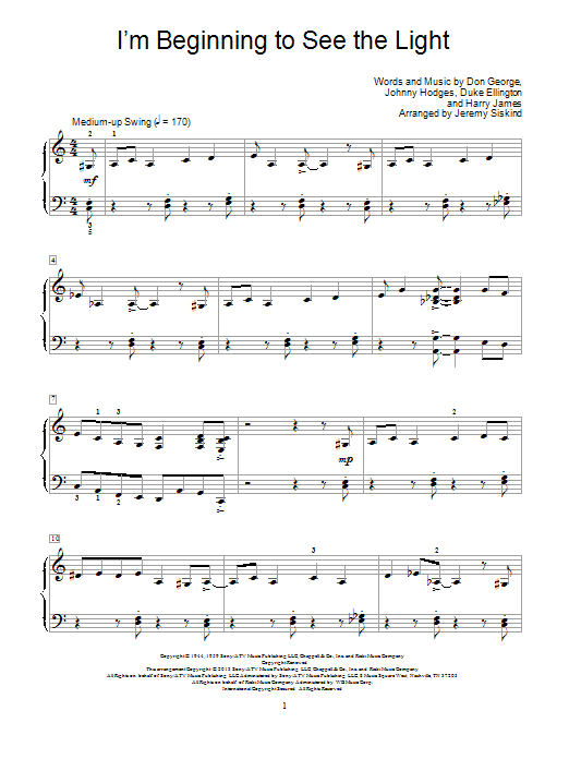 Download Jeremy Siskind I'm Beginning To See The Light Sheet Music and learn how to play Easy Piano PDF digital score in minutes