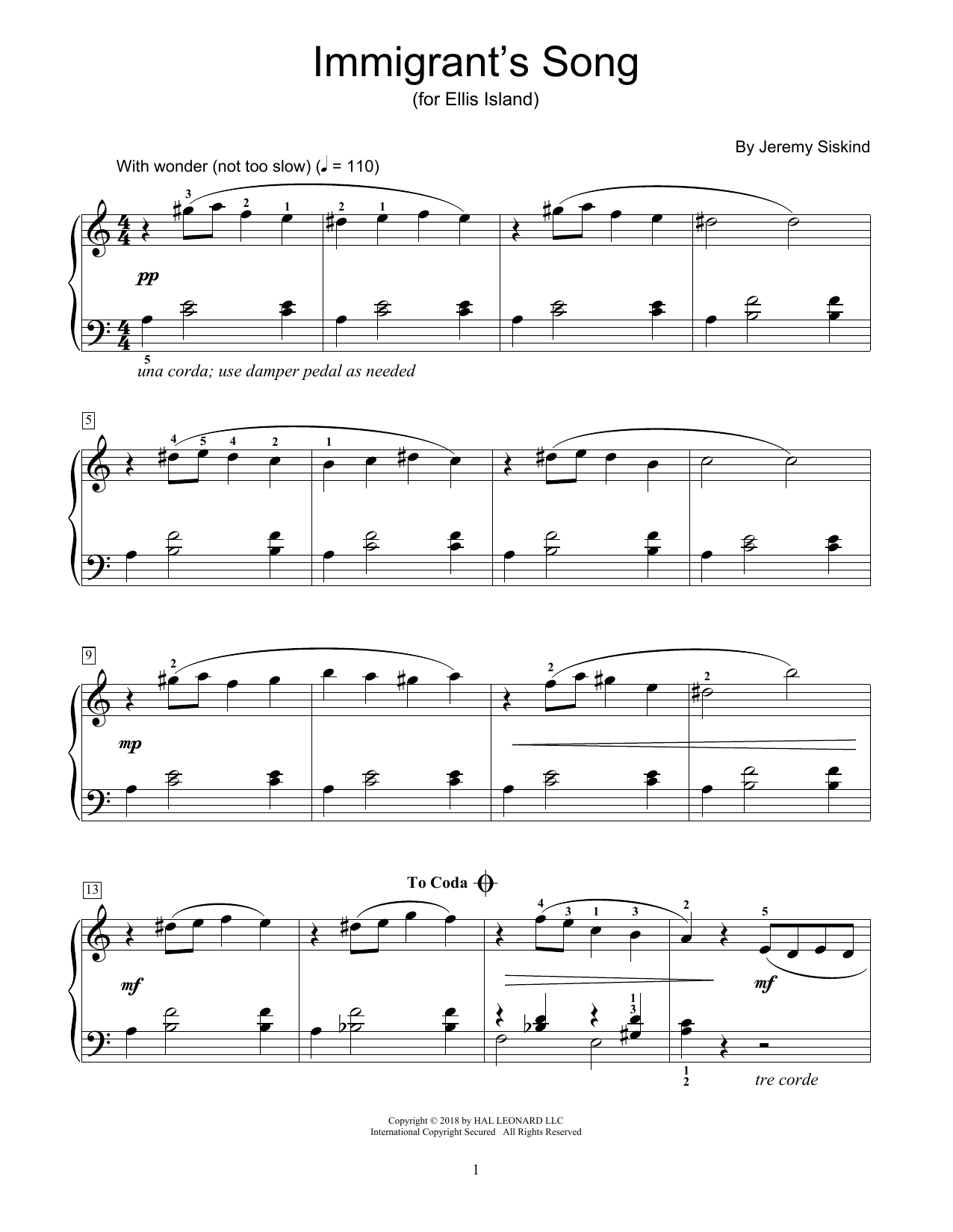 Download Jeremy Siskind Immigrant's Song Sheet Music and learn how to play Educational Piano PDF digital score in minutes