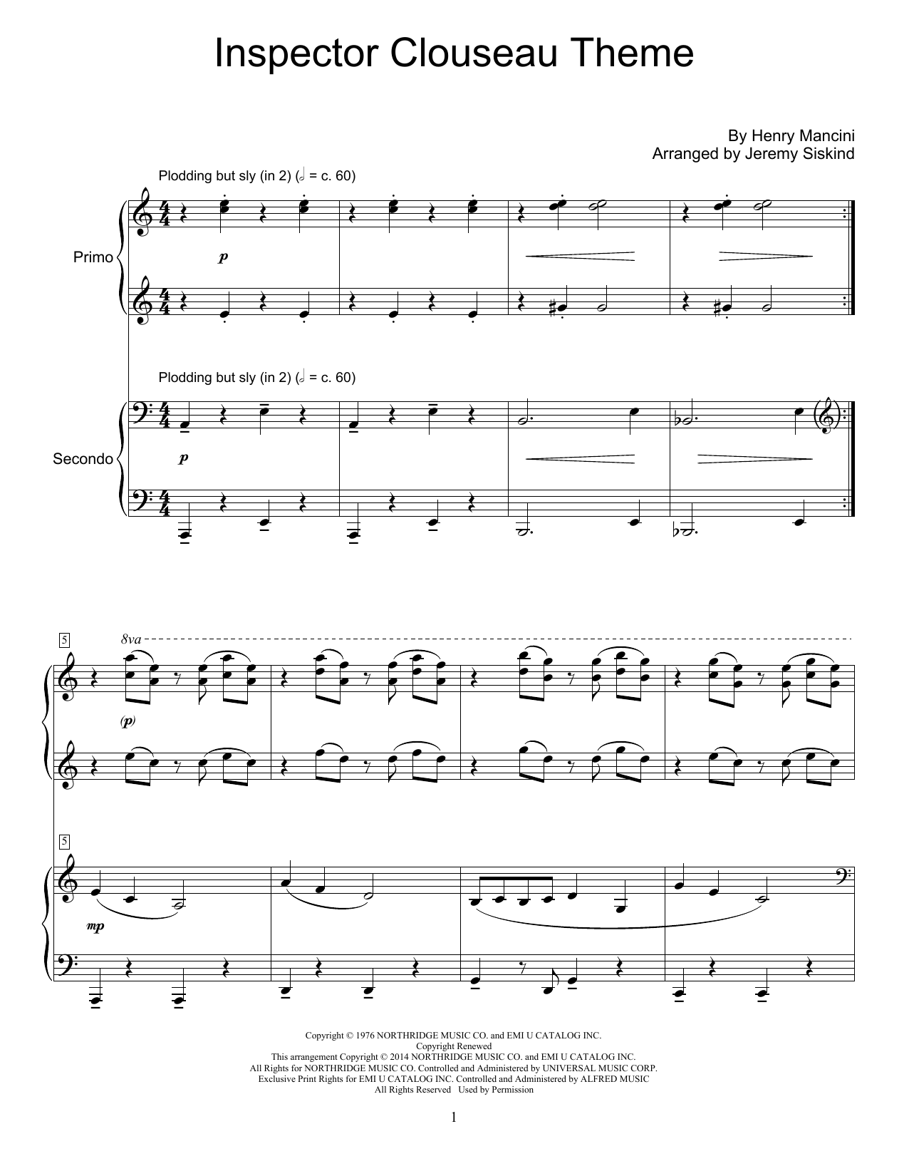 Download Jeremy Siskind Inspector Clouseau Theme Sheet Music and learn how to play Piano Duet PDF digital score in minutes