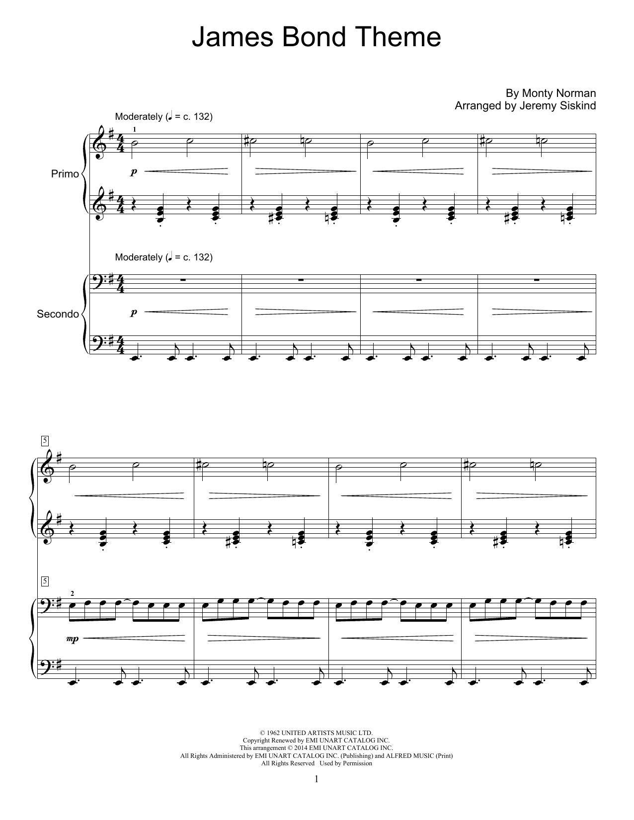 Download Jeremy Siskind James Bond Theme Sheet Music and learn how to play Piano Duet PDF digital score in minutes