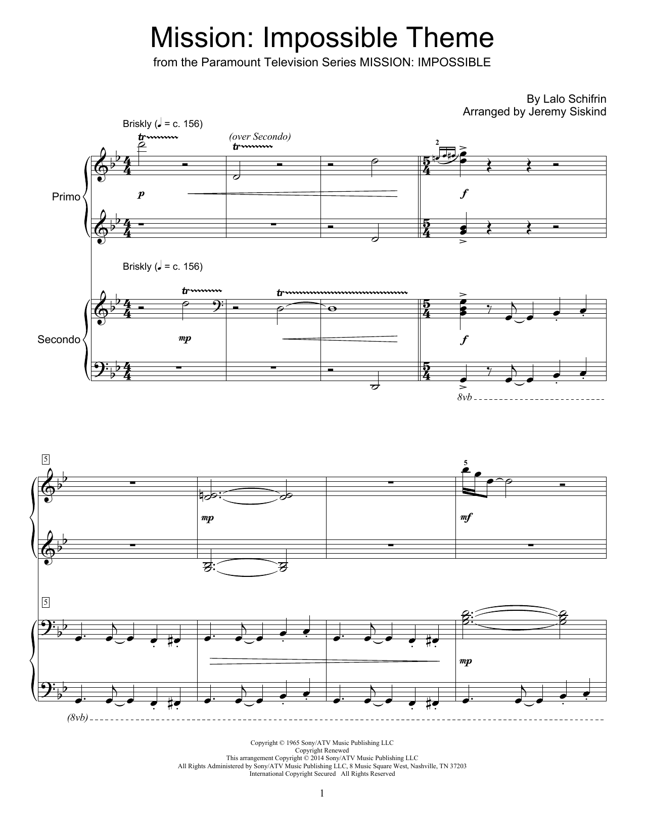 Download Jeremy Siskind Mission: Impossible Theme Sheet Music and learn how to play Piano Duet PDF digital score in minutes