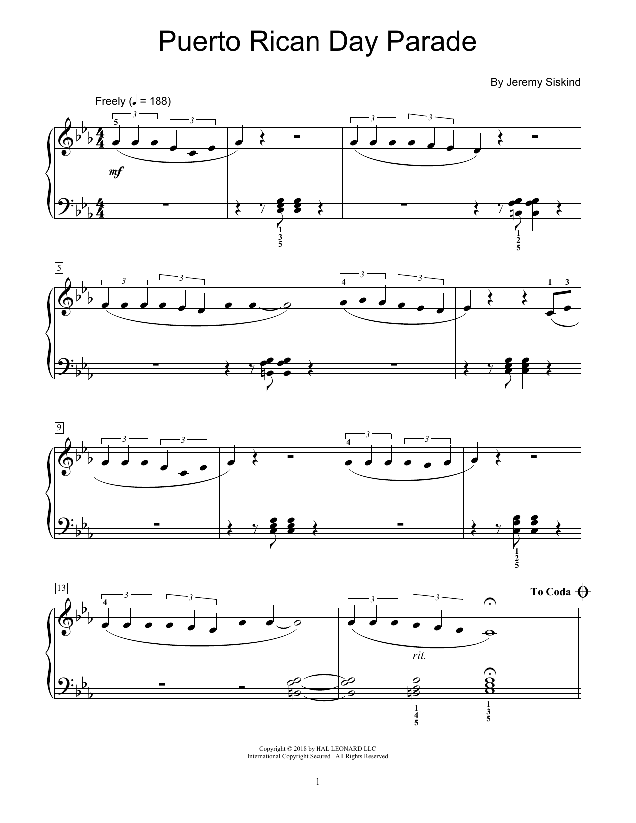 Download Jeremy Siskind Puerto Rican Day Parade Sheet Music and learn how to play Educational Piano PDF digital score in minutes