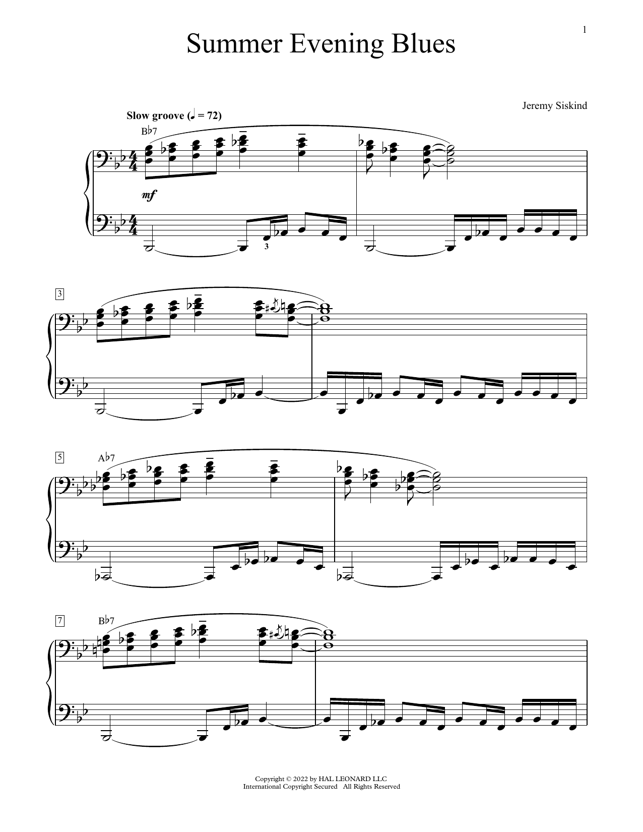 Download Jeremy Siskind Summer Evening Blues Sheet Music and learn how to play Educational Piano PDF digital score in minutes