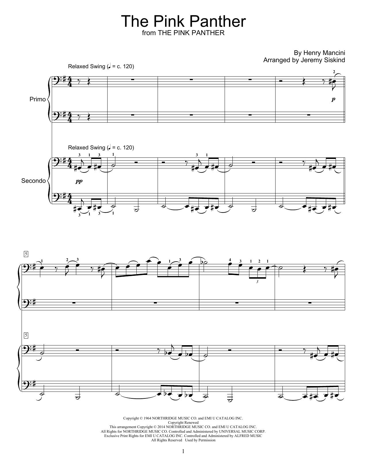 Download Jeremy Siskind The Pink Panther Sheet Music and learn how to play Piano Duet PDF digital score in minutes