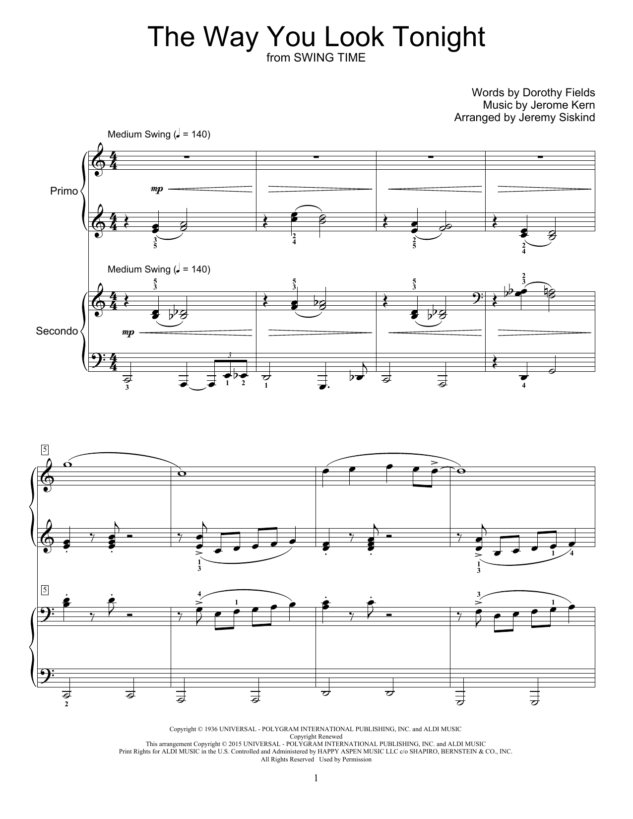 Download Jeremy Siskind The Way You Look Tonight Sheet Music and learn how to play Piano Duet PDF digital score in minutes