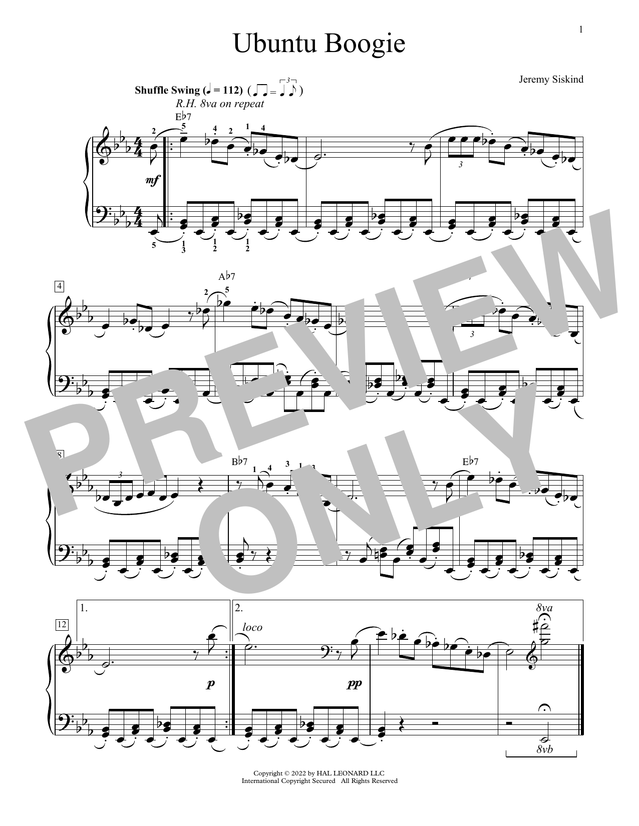 Download Jeremy Siskind Ubuntu Boogie Sheet Music and learn how to play Educational Piano PDF digital score in minutes