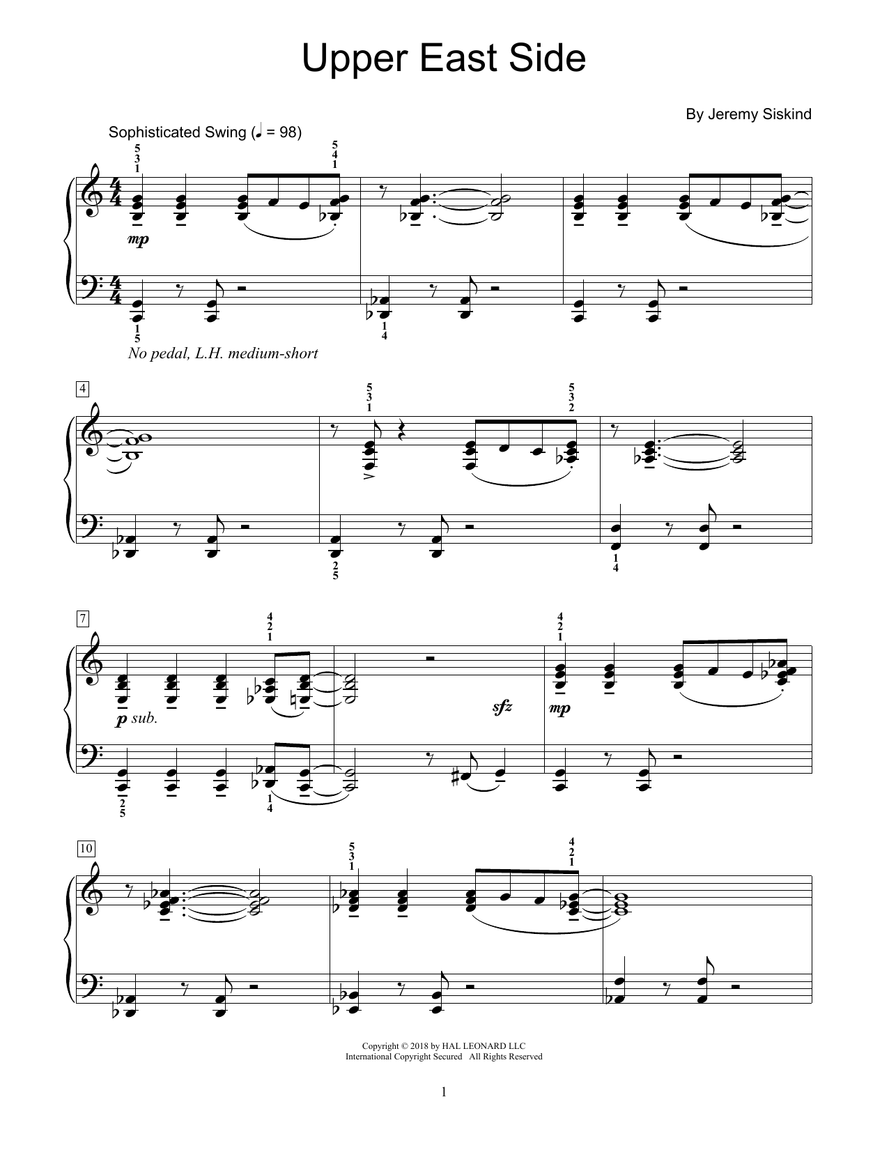 Download Jeremy Siskind Upper East Side Sheet Music and learn how to play Educational Piano PDF digital score in minutes