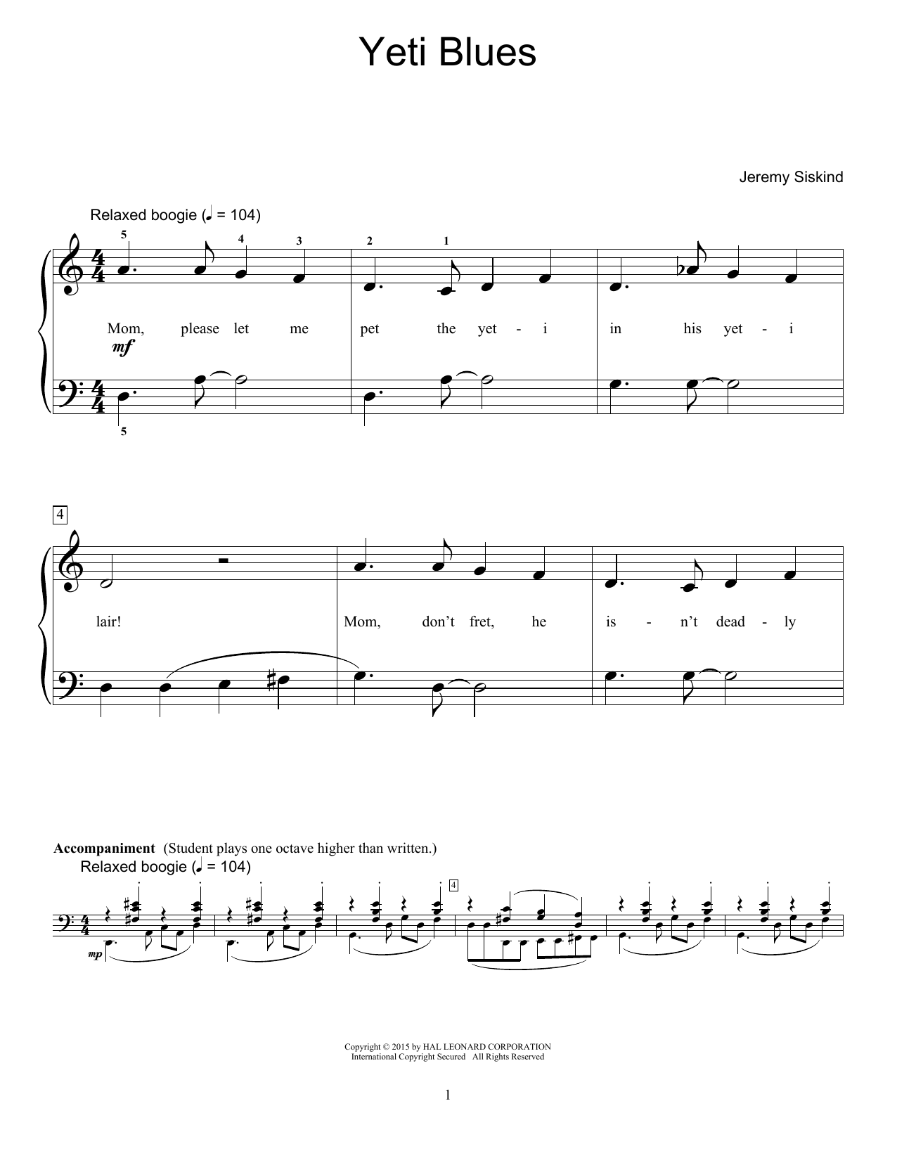 Download Jeremy Siskind Yeti Blues Sheet Music and learn how to play Easy Piano PDF digital score in minutes