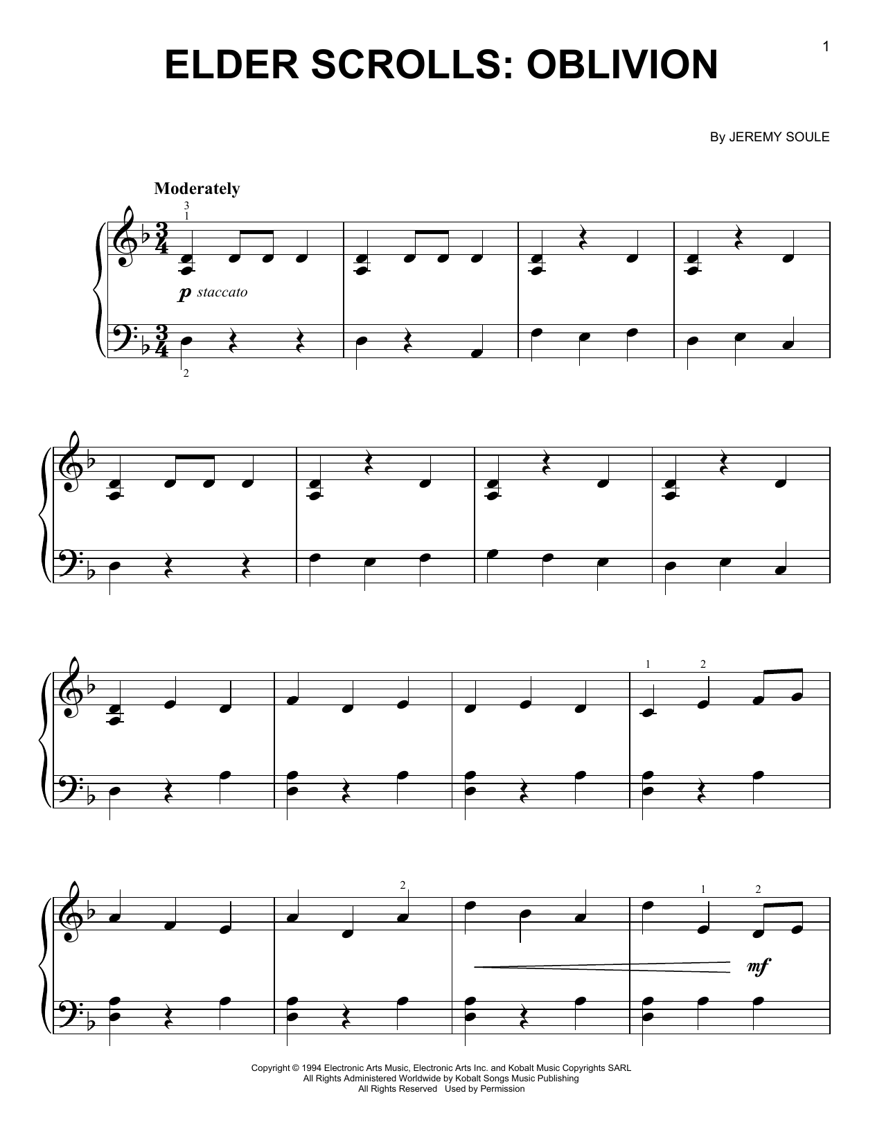 Download Jeremy Soule Elder Scrolls: Oblivion Sheet Music and learn how to play Easy Piano PDF digital score in minutes