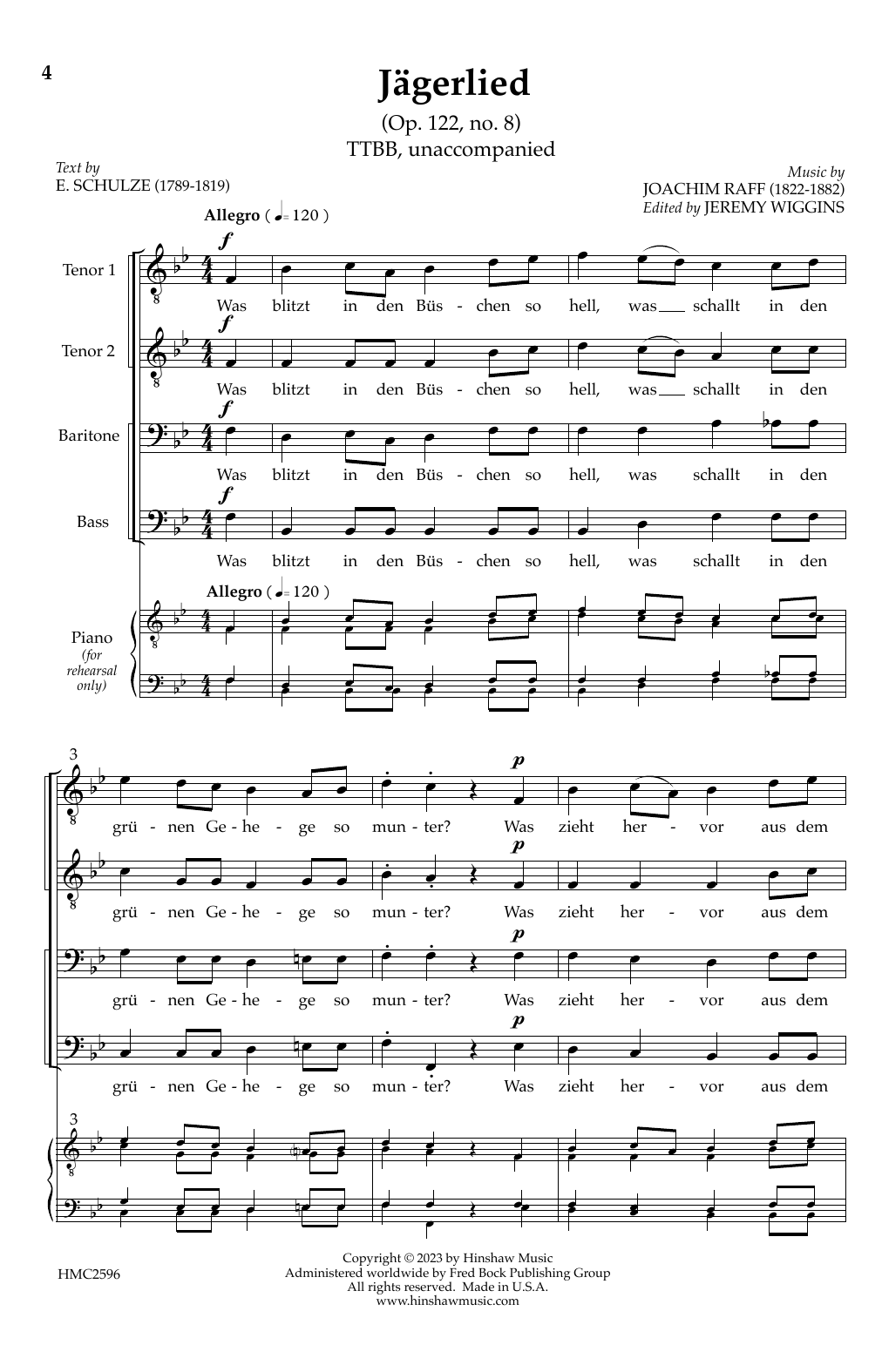 Download Jeremy Wiggins Jägerlied Sheet Music and learn how to play TTBB Choir PDF digital score in minutes