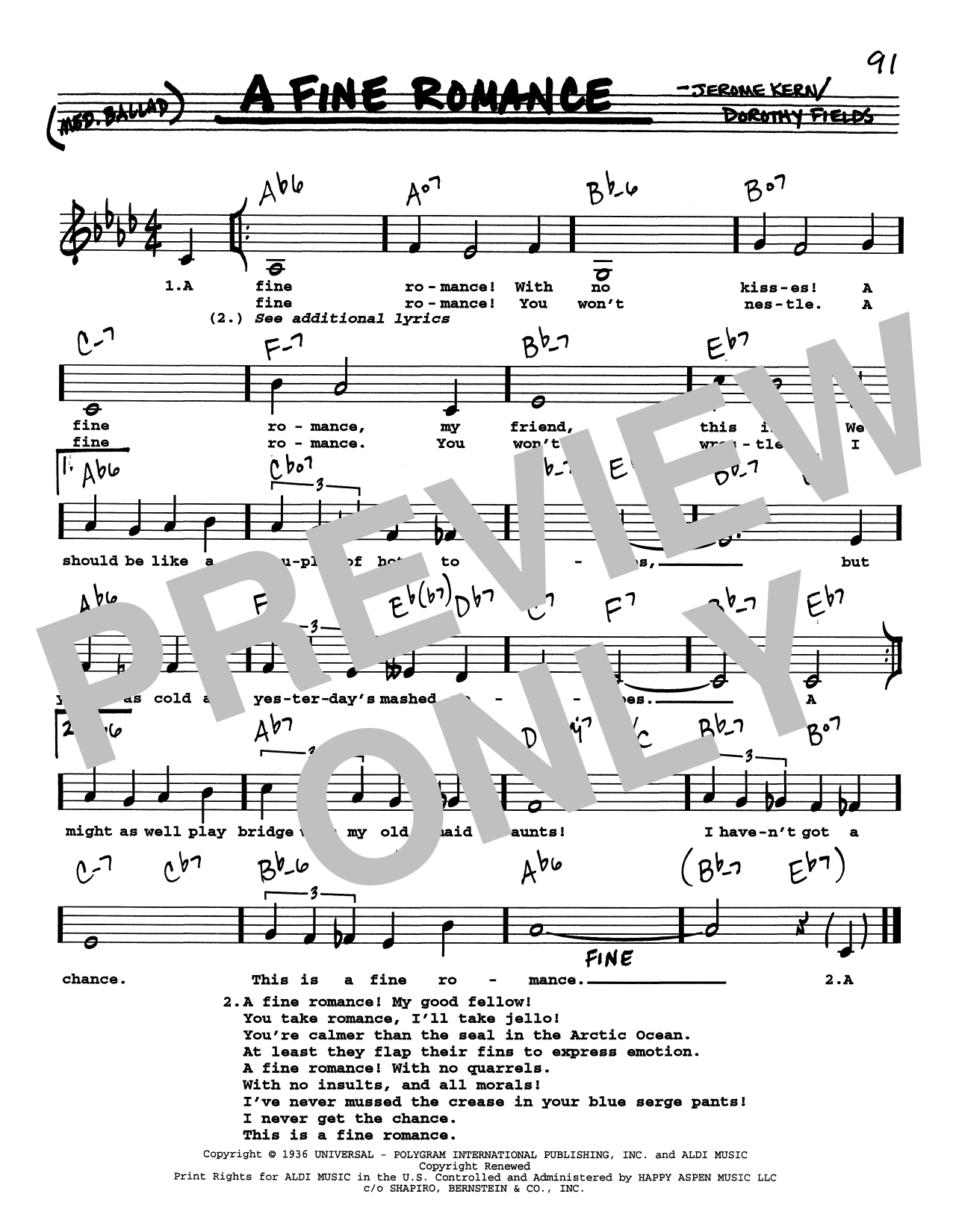 Download Jerome Kern A Fine Romance (Low Voice) Sheet Music and learn how to play Real Book – Melody, Lyrics & Chords PDF digital score in minutes