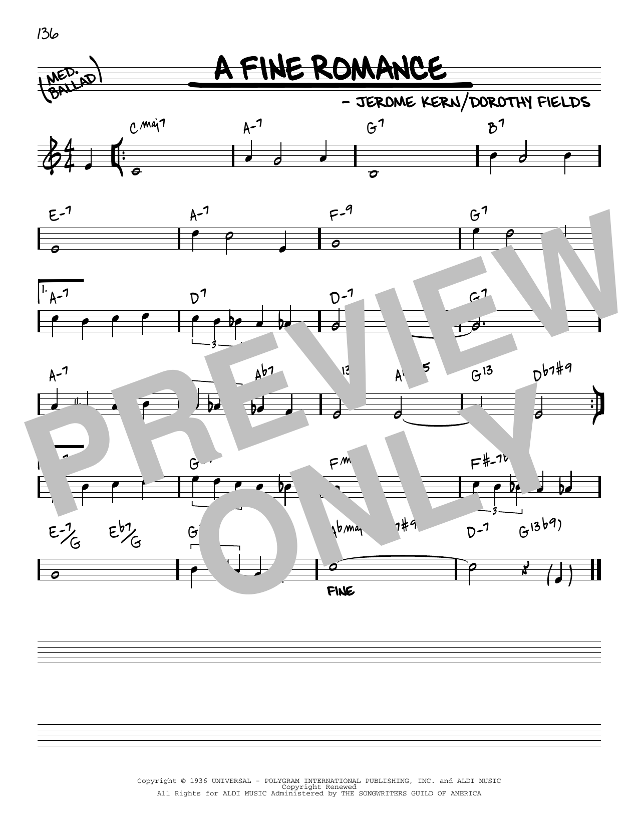 Download Jerome Kern A Fine Romance [Reharmonized version] (arr. Jack Grassel) Sheet Music and learn how to play Real Book – Melody & Chords PDF digital score in minutes